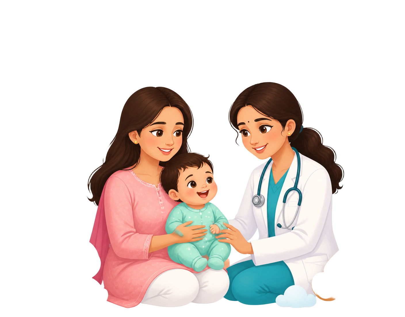 Illustration of Dr. Meenakshi Mohan, a pediatrician, examining a happy baby held by their mother at Vedha Pediacare