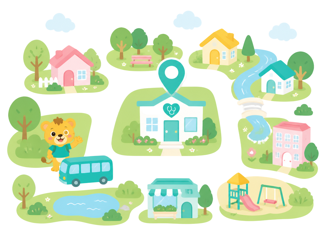 Illustrated map showing Vedha Pediacare clinic in Kumara Park East, Seshadripuram