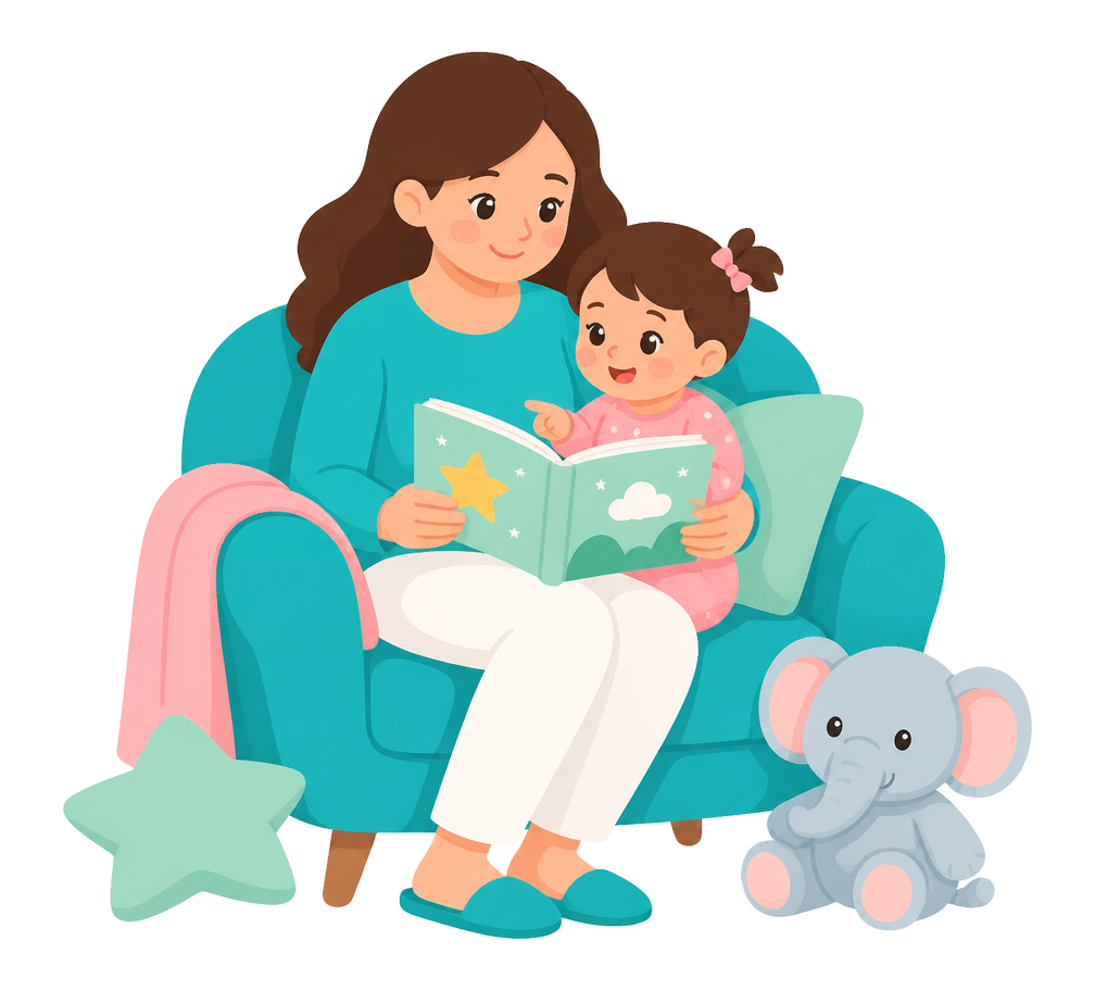 Illustration of a mother reading a picture book to her toddler